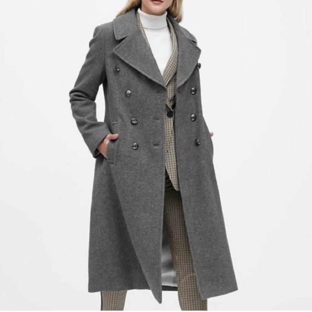 Banana Republic Gray Double-Breasted Wool-Blend Long Pea Coat